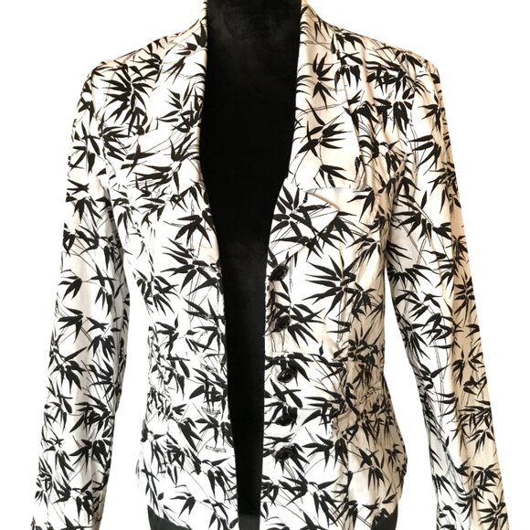 Joseph Ribkoff Vintage Blazer: 80s Button-Down Jacket, Black White Fern, Size 8 - Picture 5 of 9